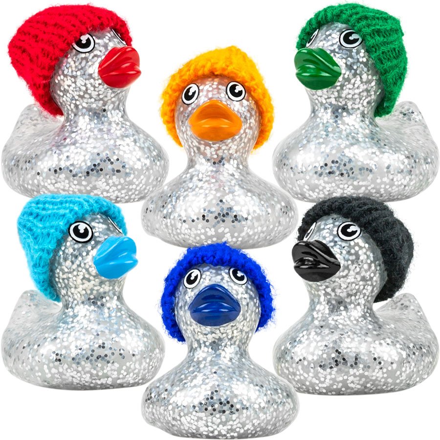 Rubber Glitter Ducks with Knit Caps 2in (50pcs)