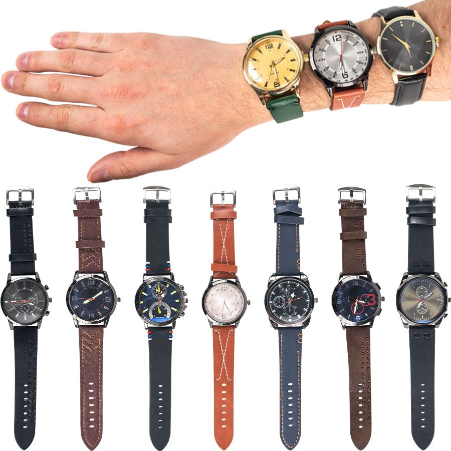 Mens Big Face Leather Band Watch Asst